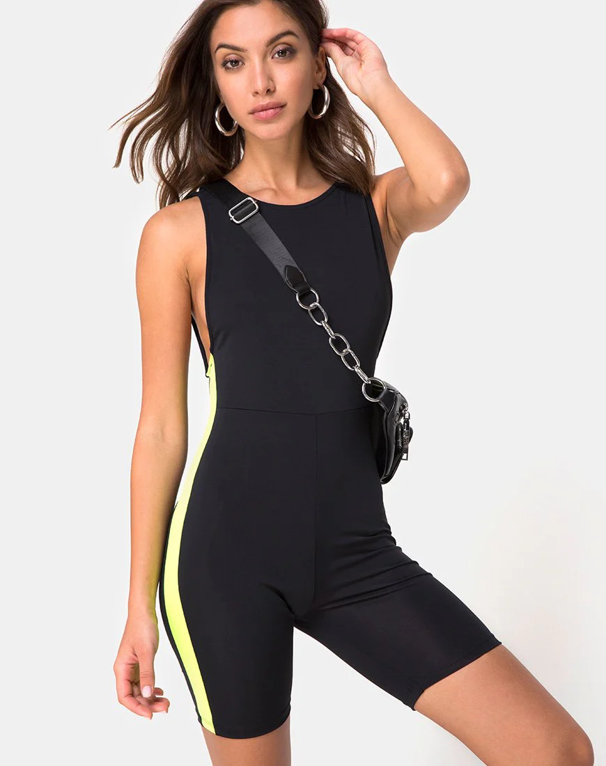 Acashi Unitard in Schwarz mit limonenfarbenen Seitenstreifen