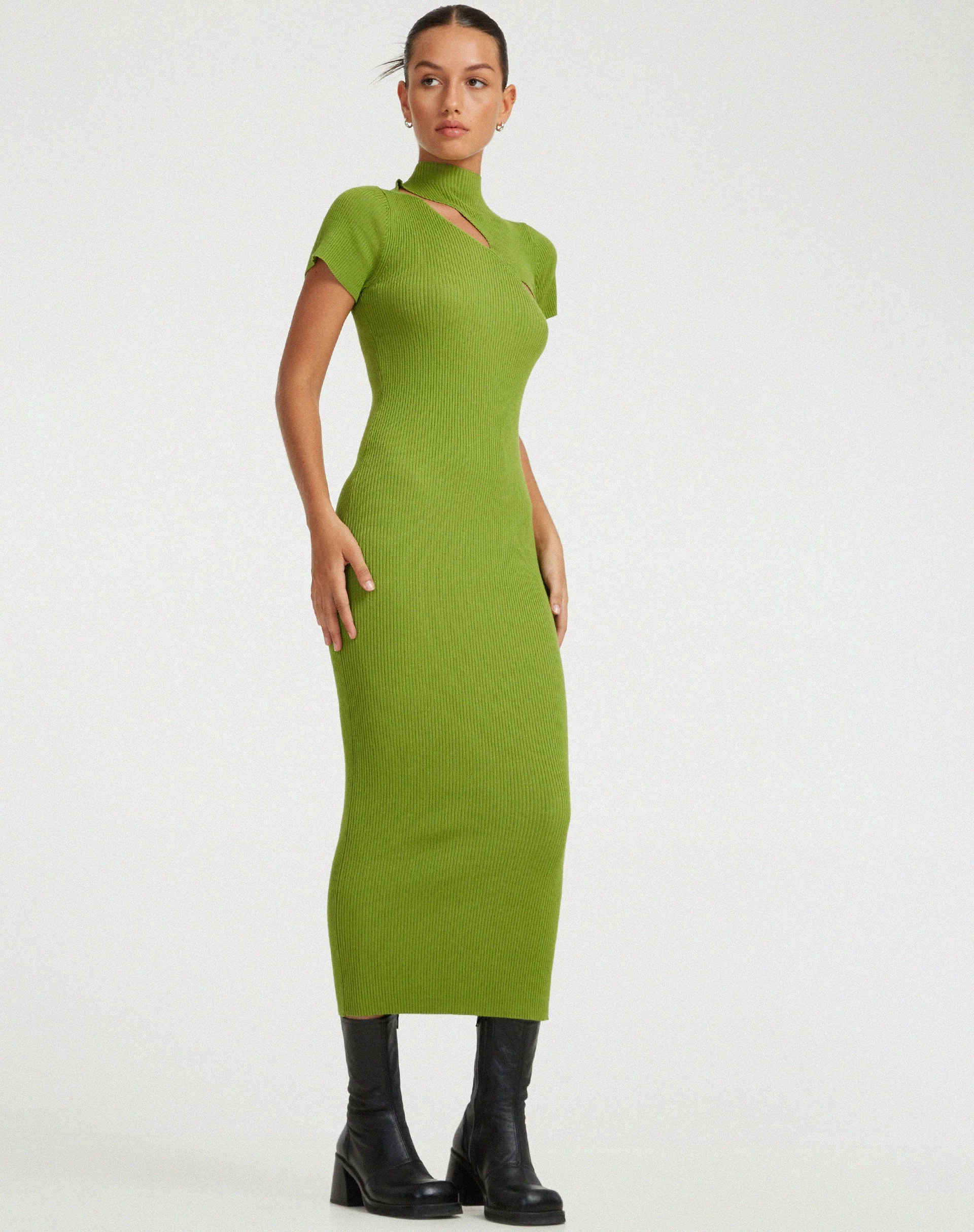 Afiqah Gestricktes Midikleid in Golden Lime - Image 3