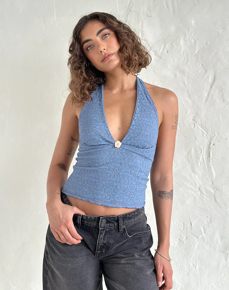 Aksa Neckholder-Top aus mondscheinblauer Spitze mit Rose - Image 2