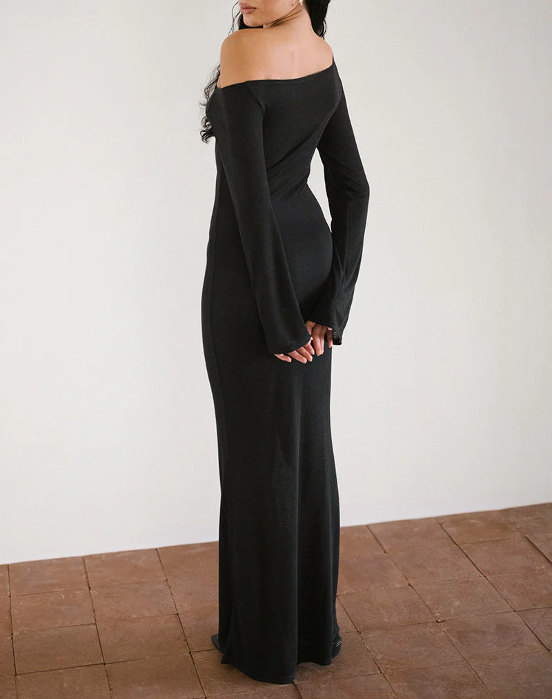 Aldiana Asymmetrisches Maxikleid mit langen Ärmeln aus transparentem Strick Schwarz - Image 2
