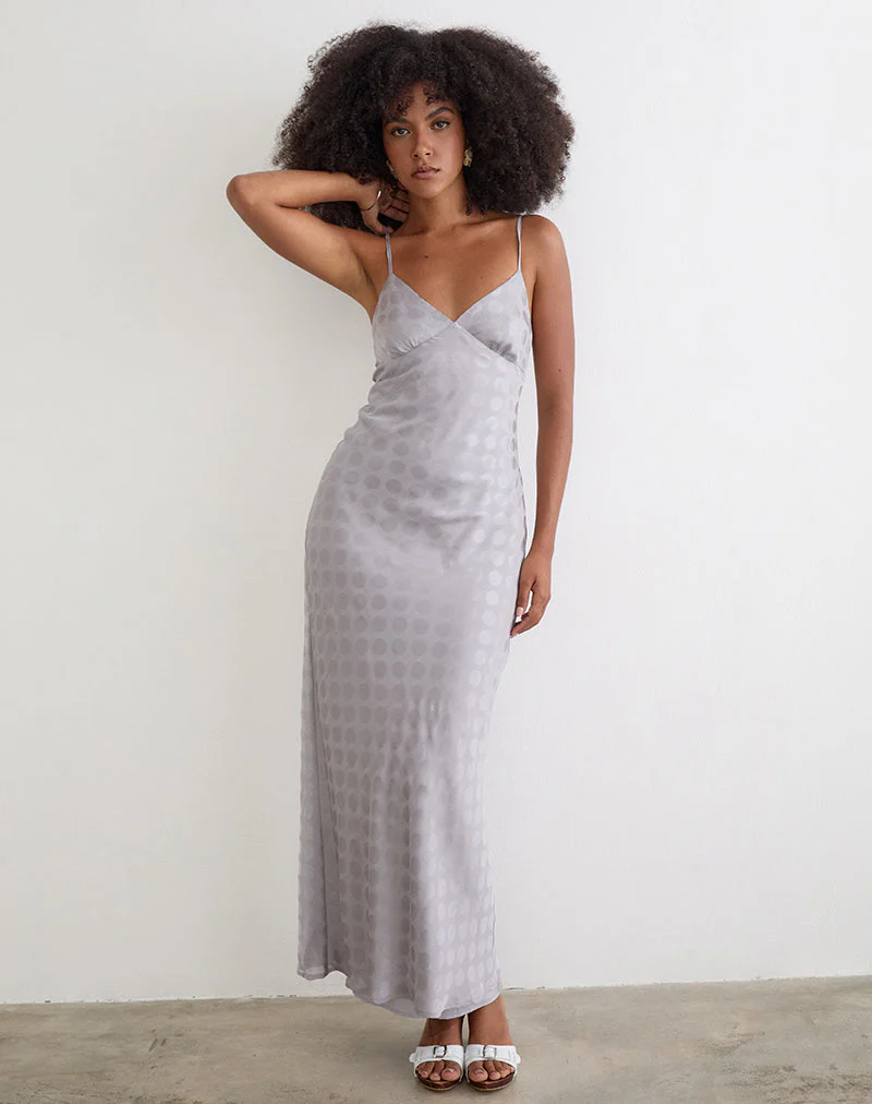Alenya Maxi Dress in Chiffon Monochrome Silver Grey Polka - Image 3