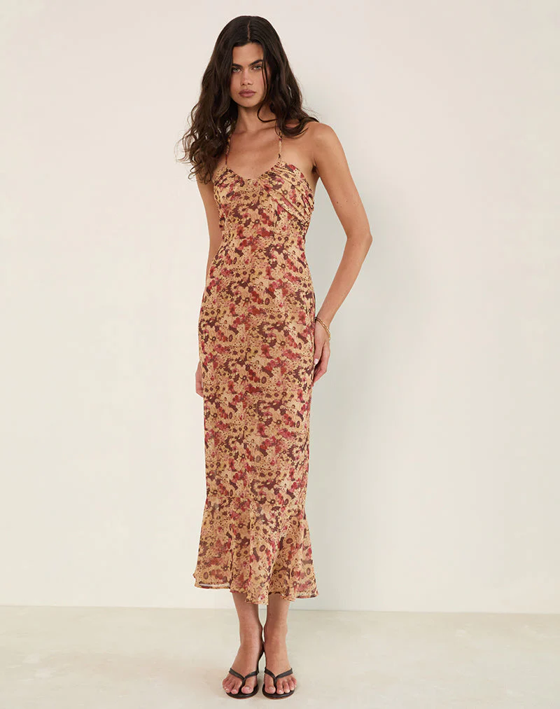 Alette Maxikleid mit Neckholder aus Chiffon mit rostiger Blume