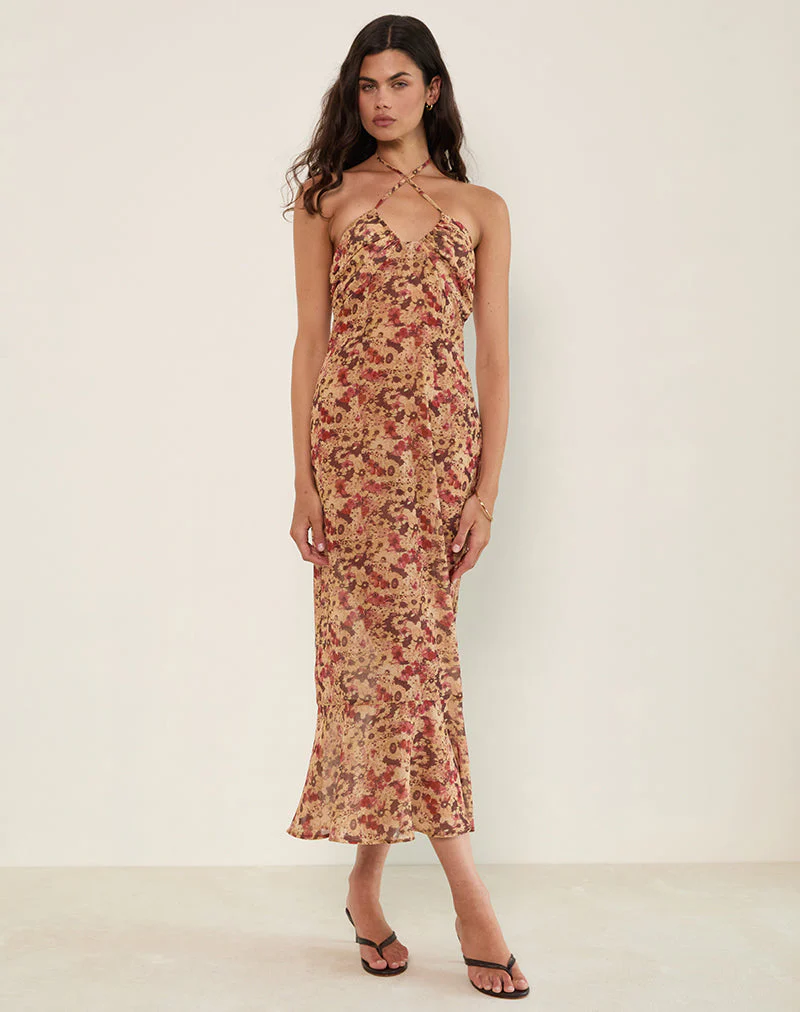 Alette Maxikleid mit Neckholder aus Chiffon mit rostiger Blume - Image 4
