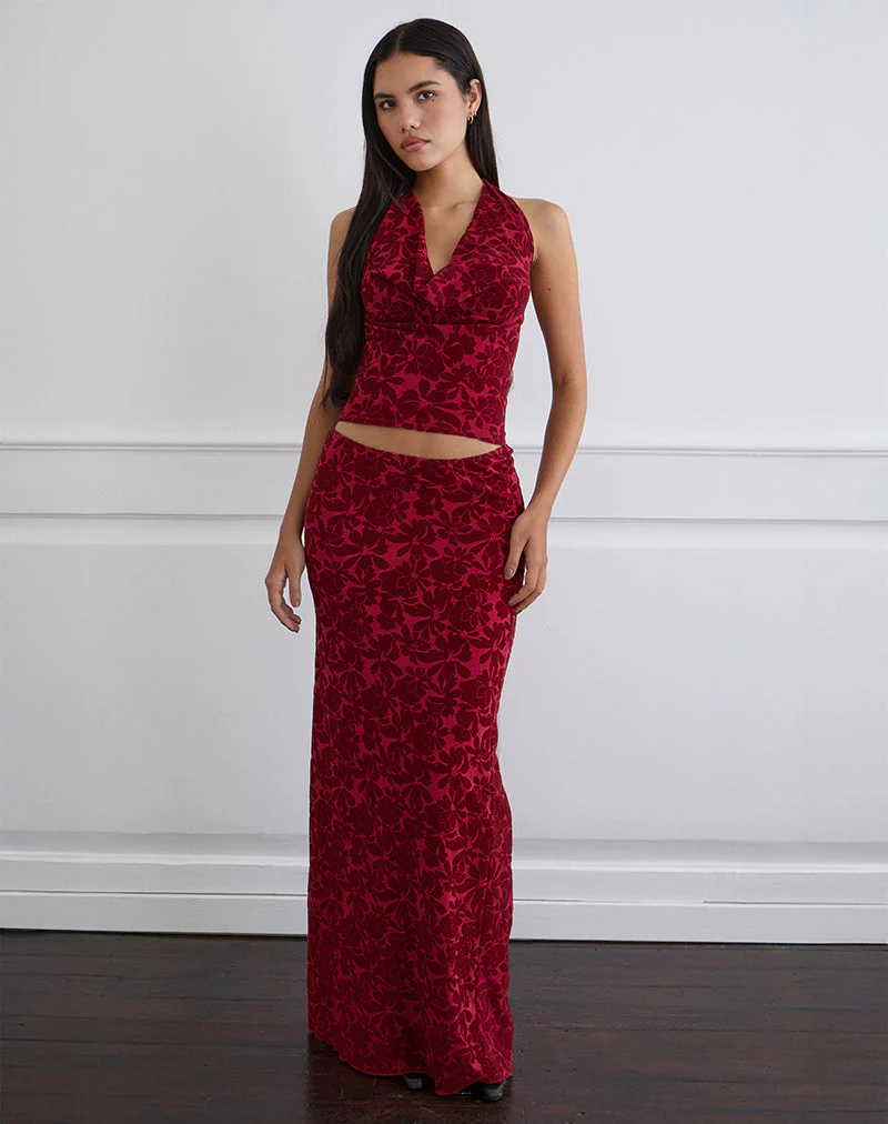 Alfreda Maxirock aus beflocktem Mesh Flower Cherry