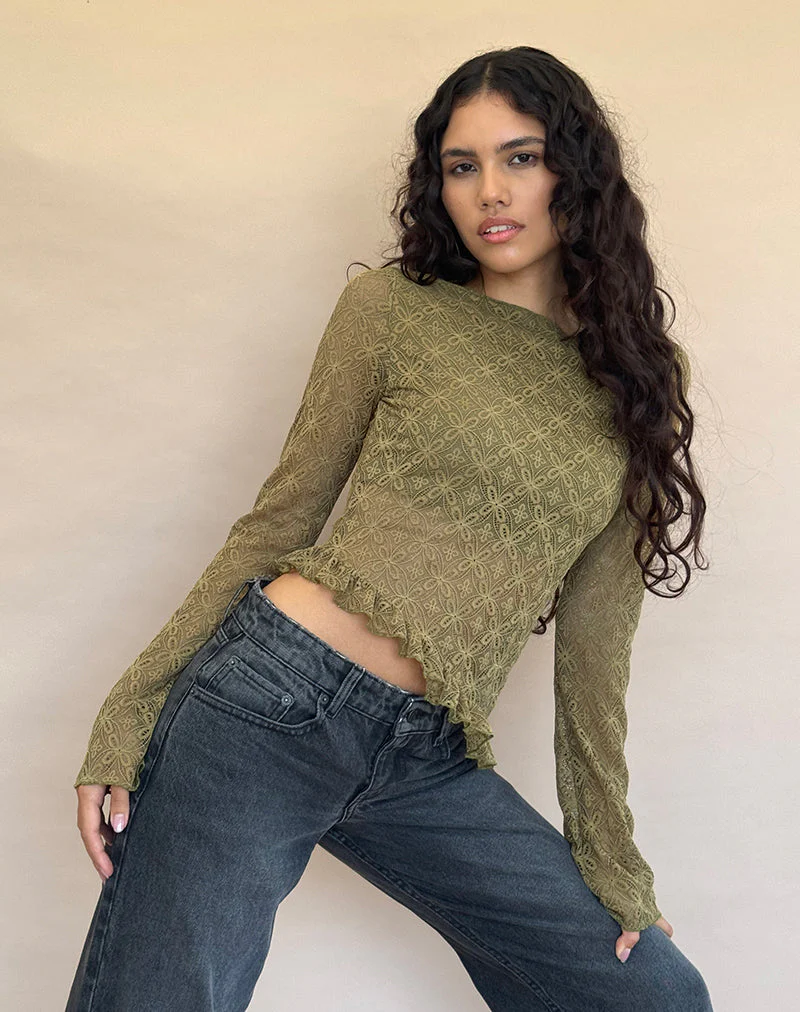 Allegra Langärmeliges Top aus strukturierter moosgrüner Spitze - Image 3
