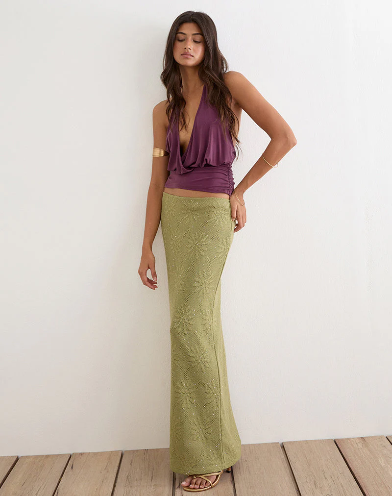 Aloria Maxi Skirt in Sequin Knit Green