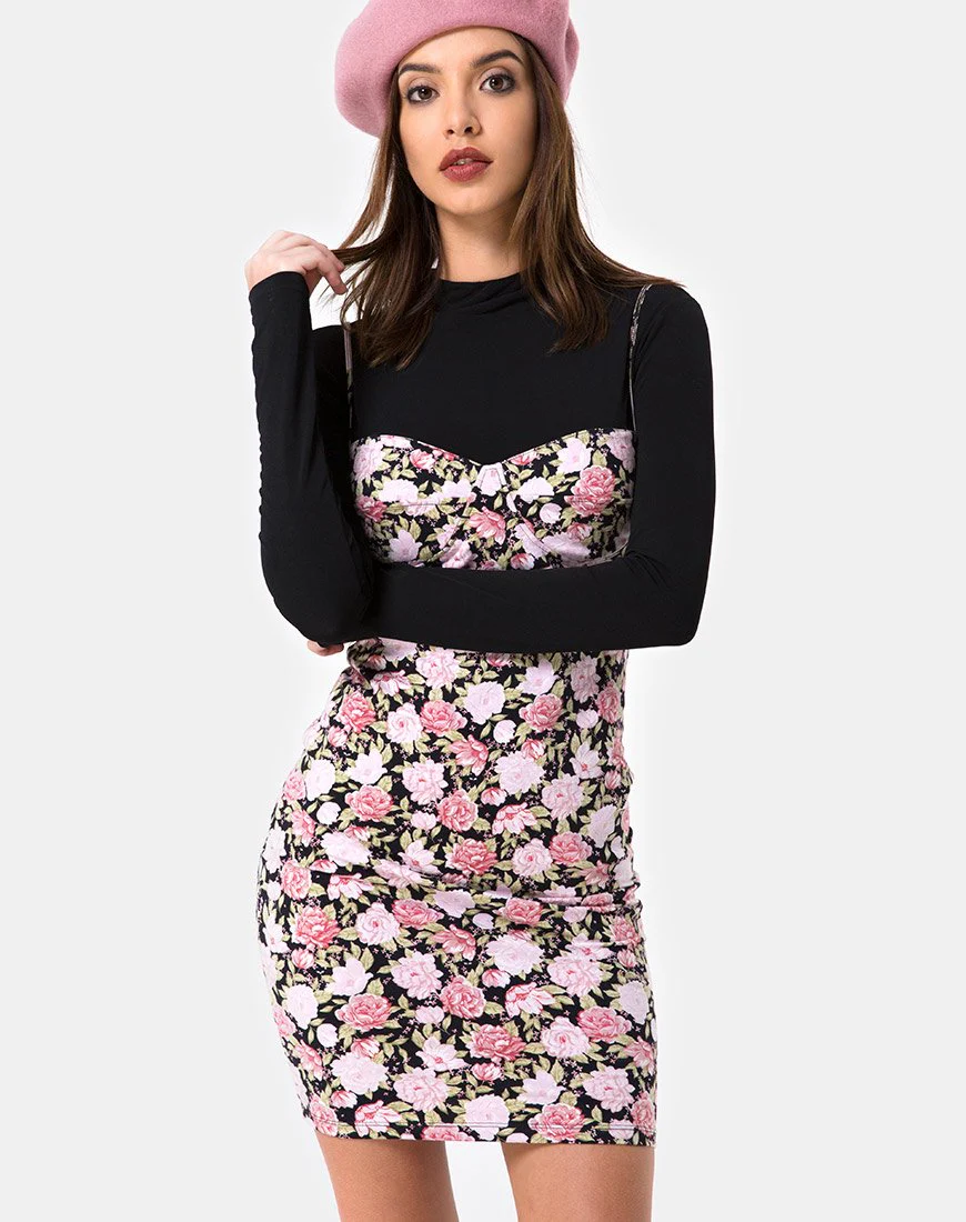 Alvina Bodycon Kleid in Bloom Floral Schwarz Base