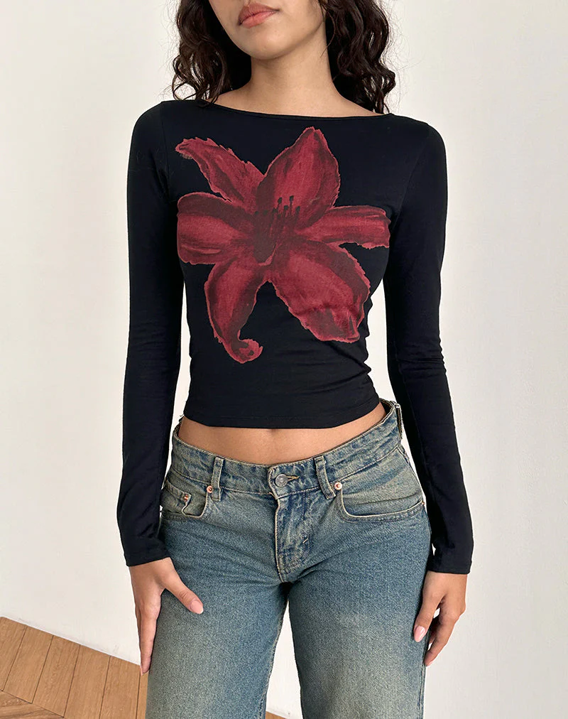 Amabon Langarm-Top in Schwarz mit burgunderfarbener gemalter Blume - Image 2