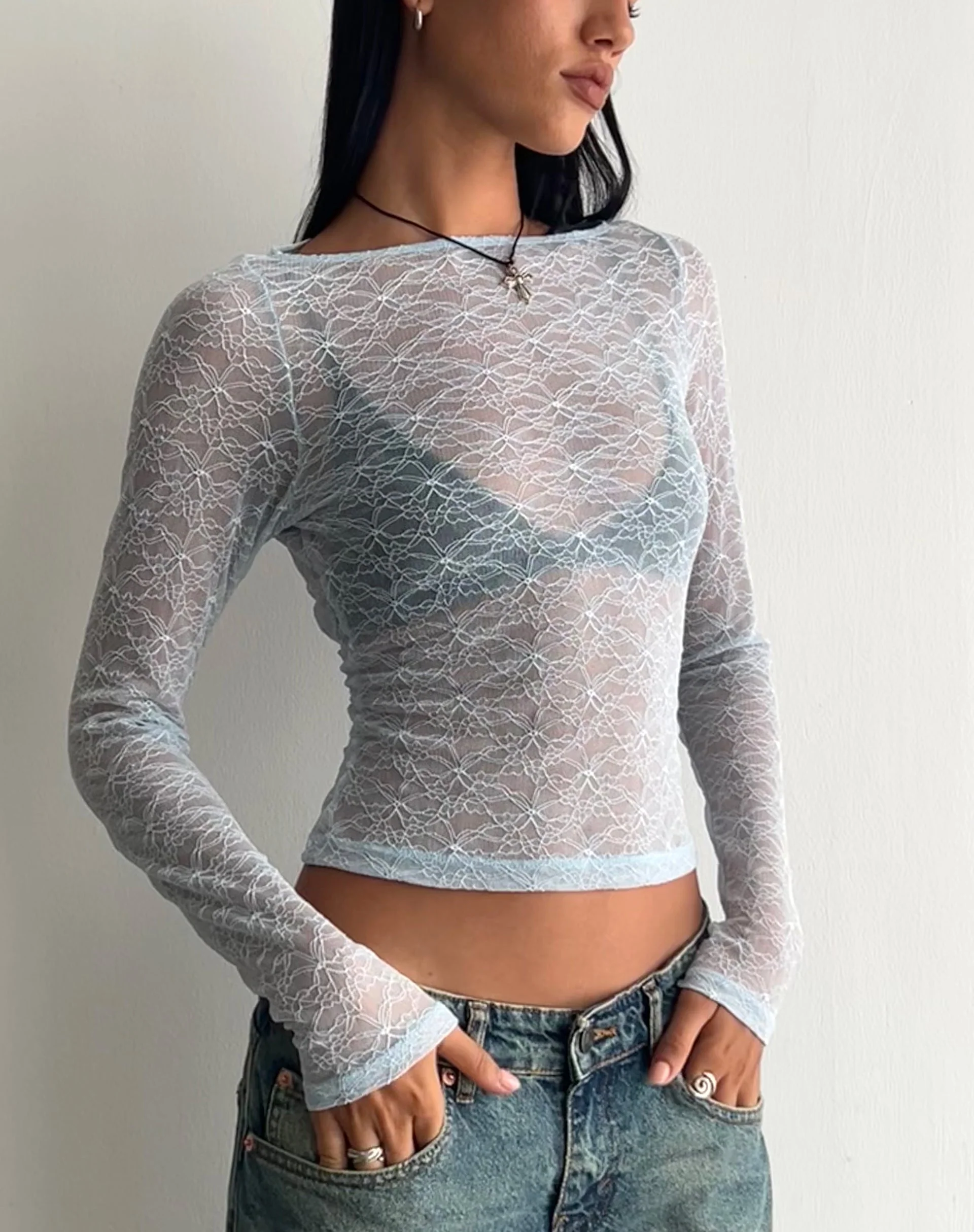 Amabon Langarm-Top aus Spitze in Babyblau - Image 3