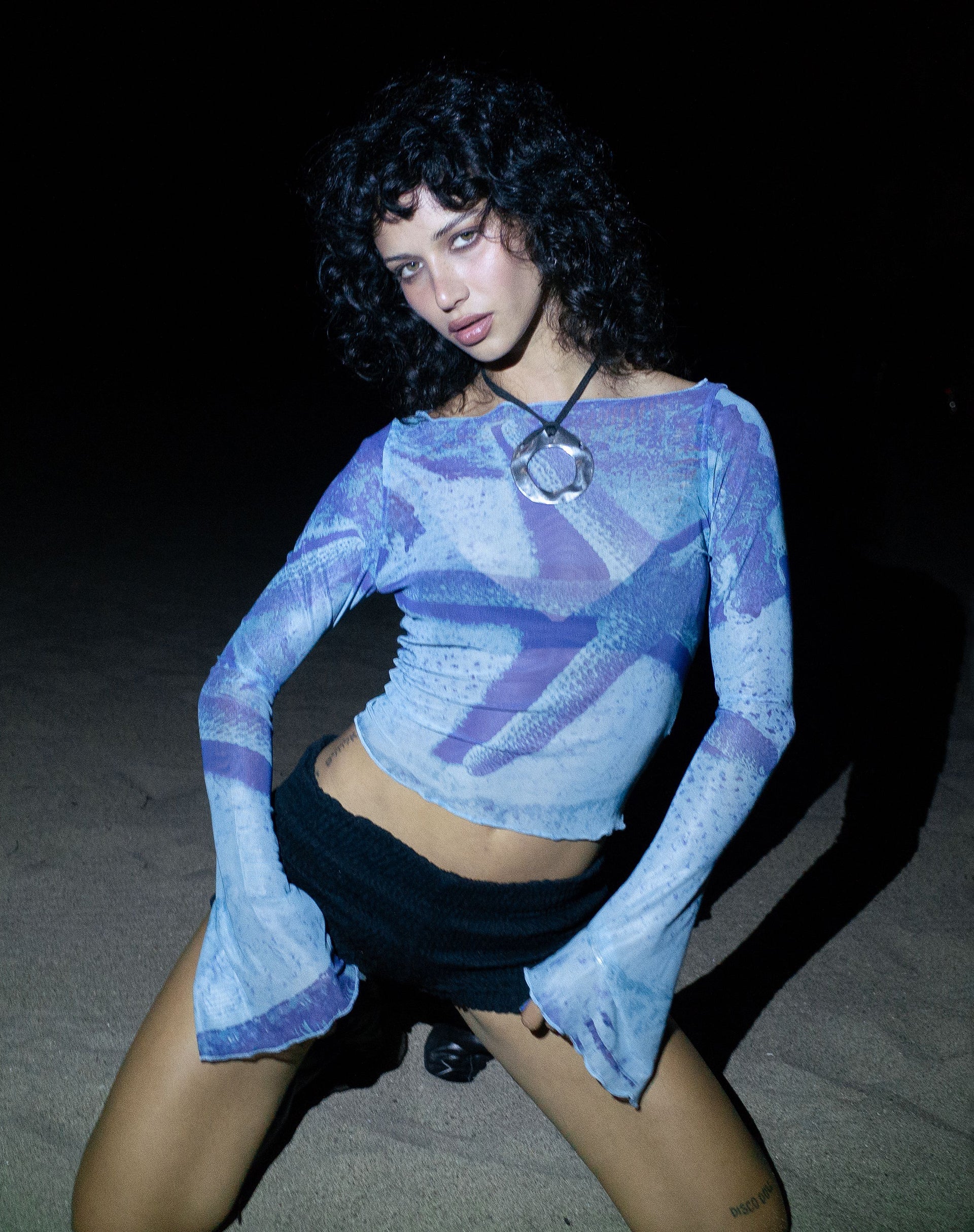 Anchi Mesh Long Sleeve Top in Blau Seestern Fotodruck