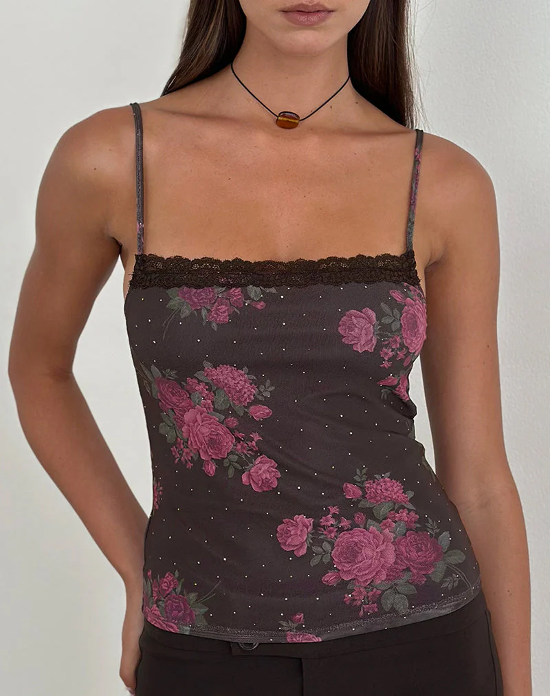 Anoda Cami-Top in Braun mit rosa Polka-Dots und Rosenprint