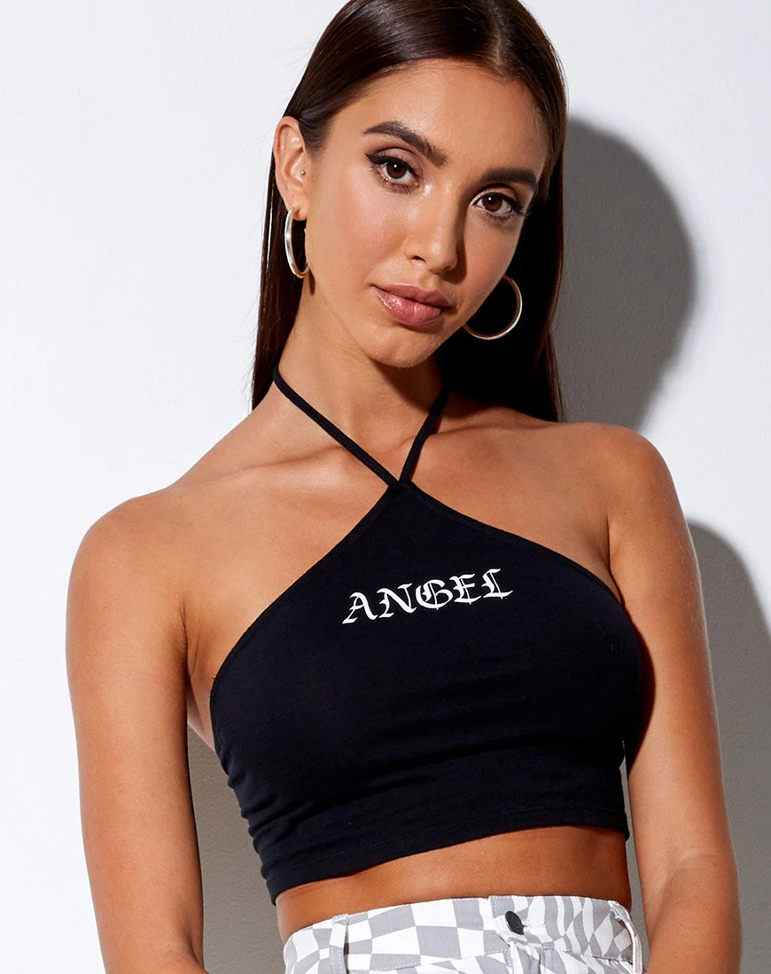 April Crop Top in Schwarz 'Angel' in Weiß