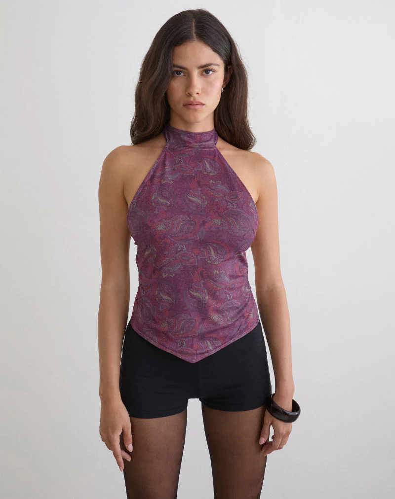 Ares Neckholder-Top in Purpur mit edlem Paisley-Muster - Image 3