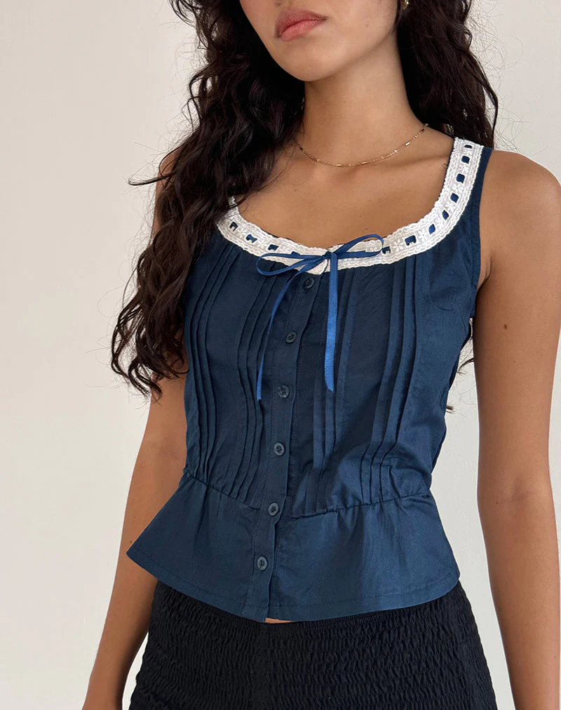 Arhan Ärmelloses Top aus marineblauer Popeline mit weißem Saum - Image 2