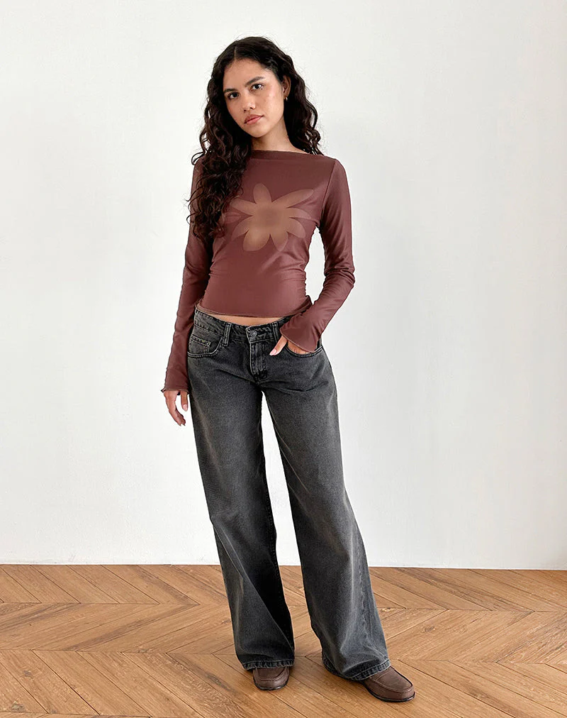 Armali Langärmeliges Top aus Mesh Tonal Flower Braun - Image 3