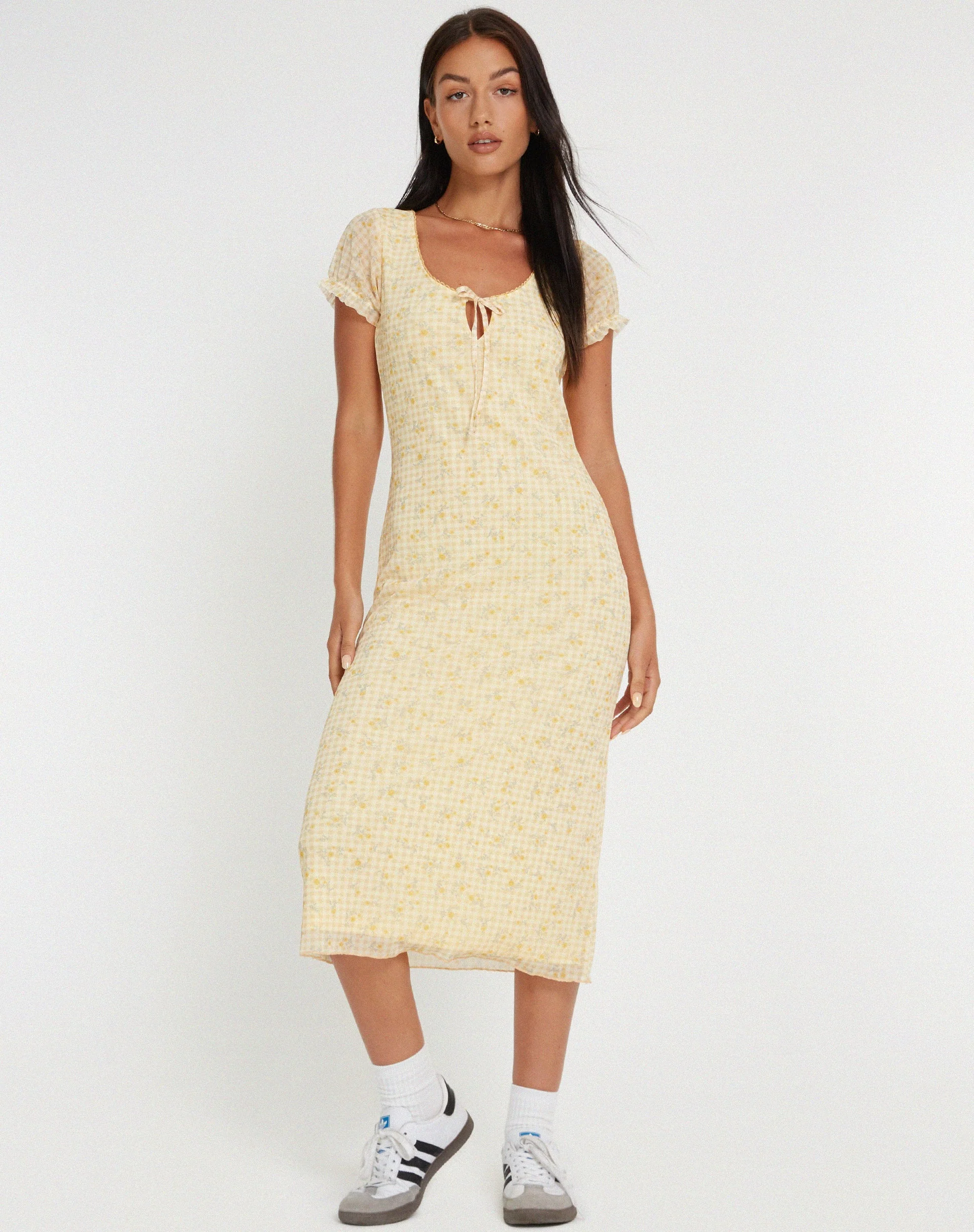 Aroha Midikleid in Gingham Floral Gelb