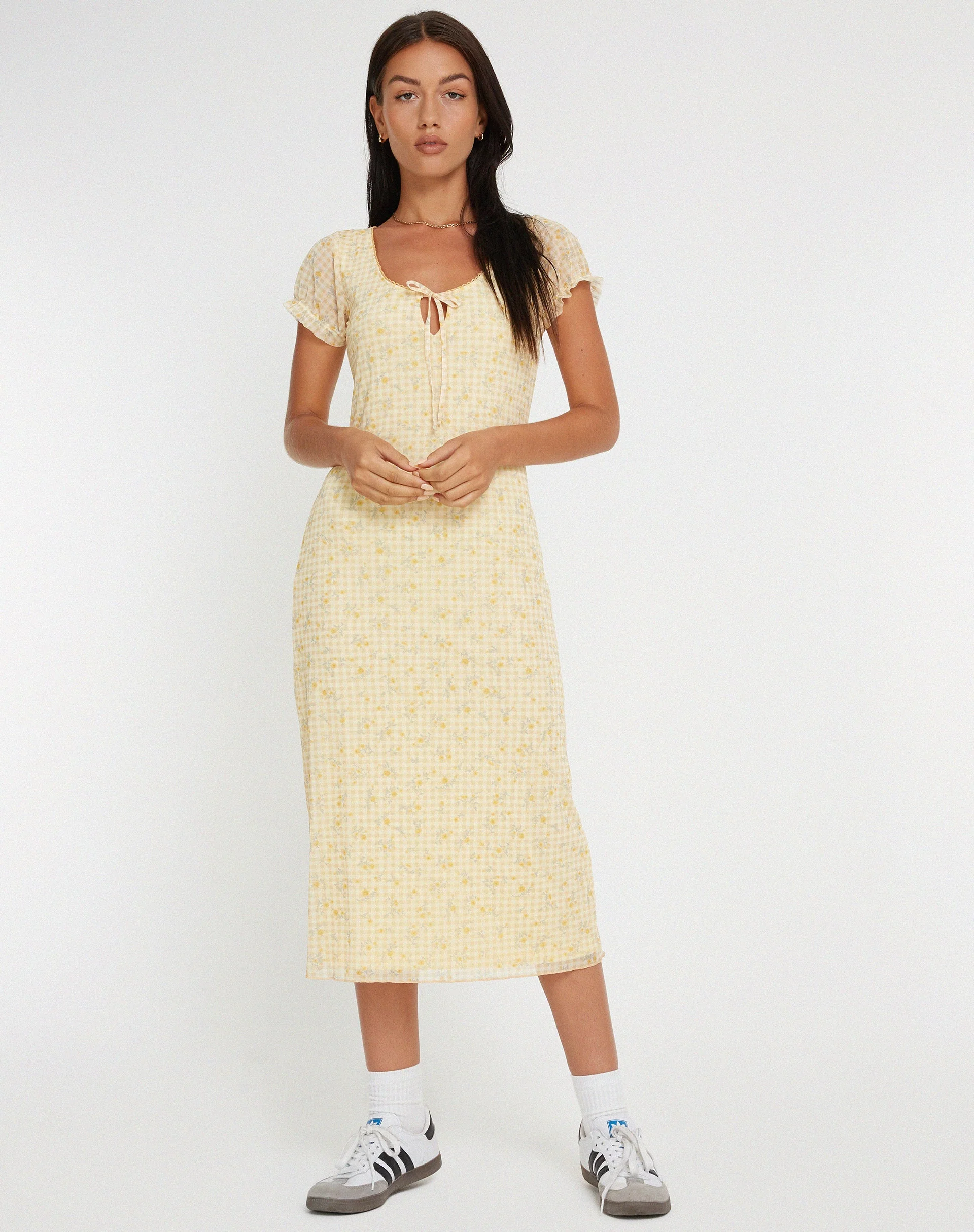 Aroha Midikleid in Gingham Floral Gelb - Image 3