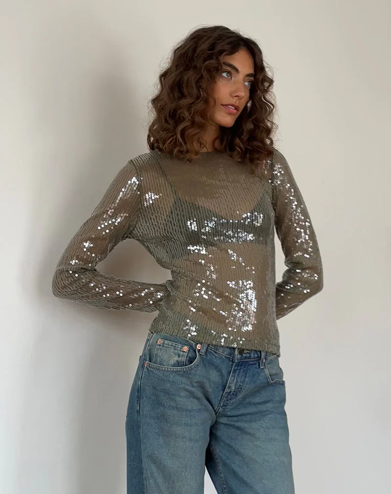 Ashram Top in Khaki Grün Pailletten klar - Image 3