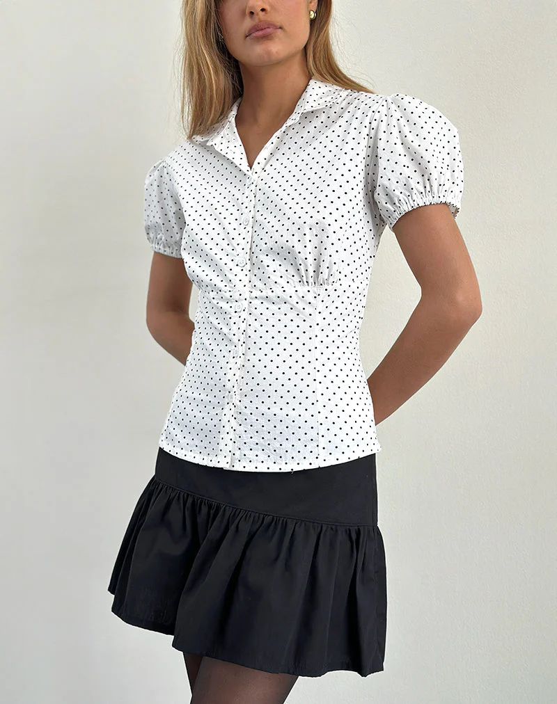 Aspen Bluse mit Puffärmeln in Micro Polka Weiß und Schwarz - Image 3