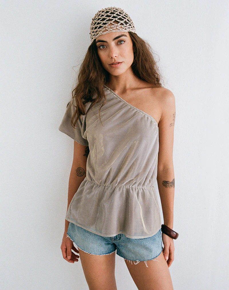 Astria One Shoulder Tie Belt Top in Gold Plisse - Image 5