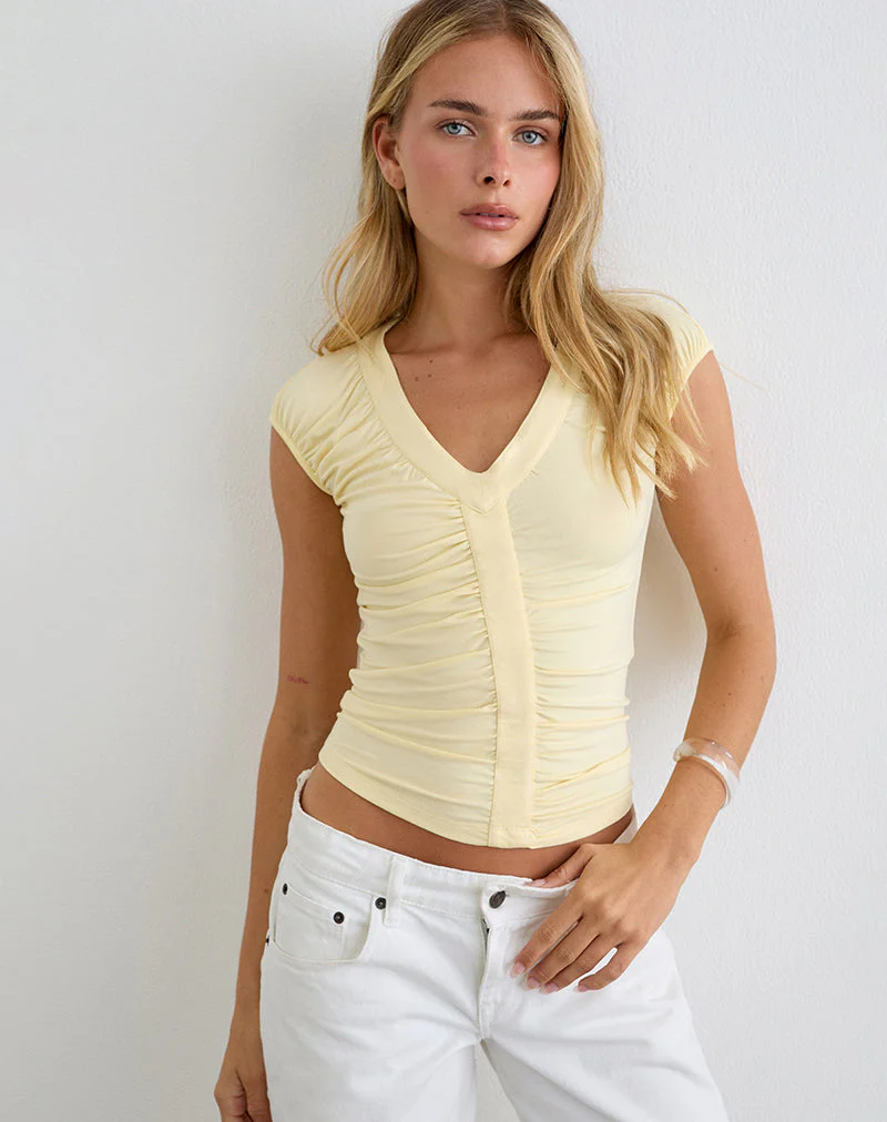 Atheia Gathered V-Neck Top in Rayon Jersey Lemon - Image 2