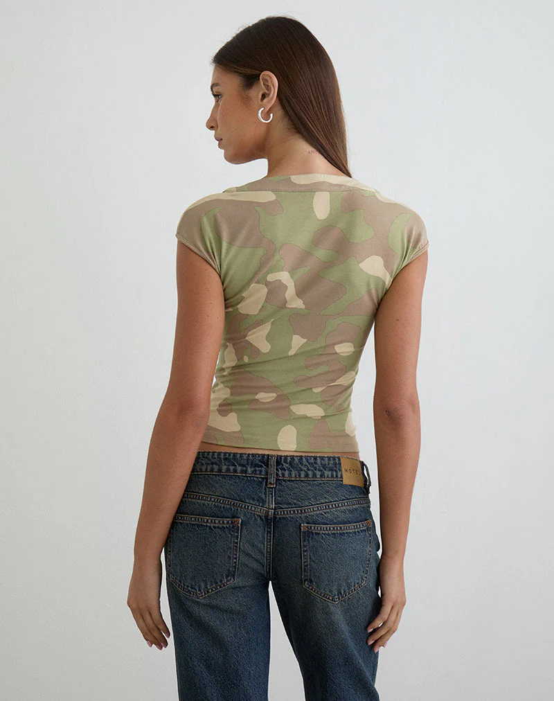 Atheia Gathered V-Neck Top in Blurry Camo Khaki - Image 5