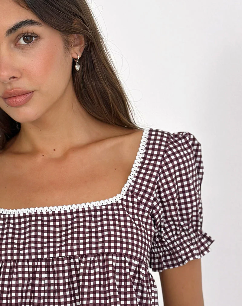 Axoni Bluse mit quadratischem Ausschnitt aus Mini-Gingham Wein - Image 3