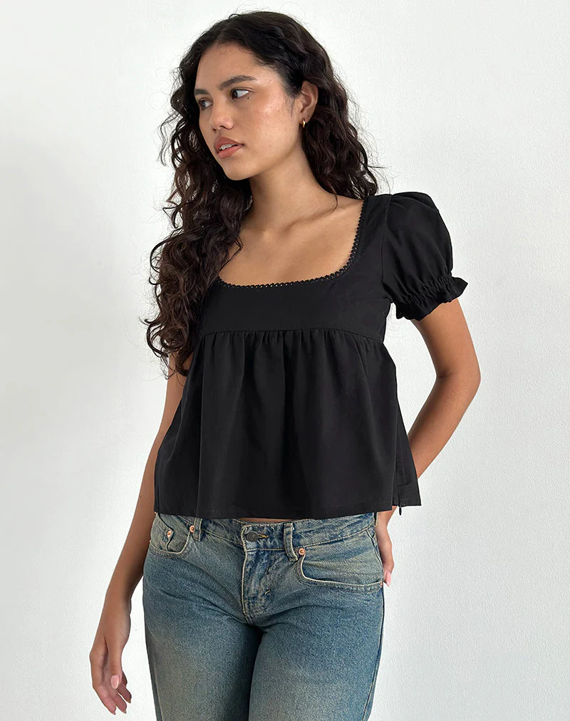 Axoni Bluse mit quadratischem Ausschnitt aus Leinen Schwarz - Image 2