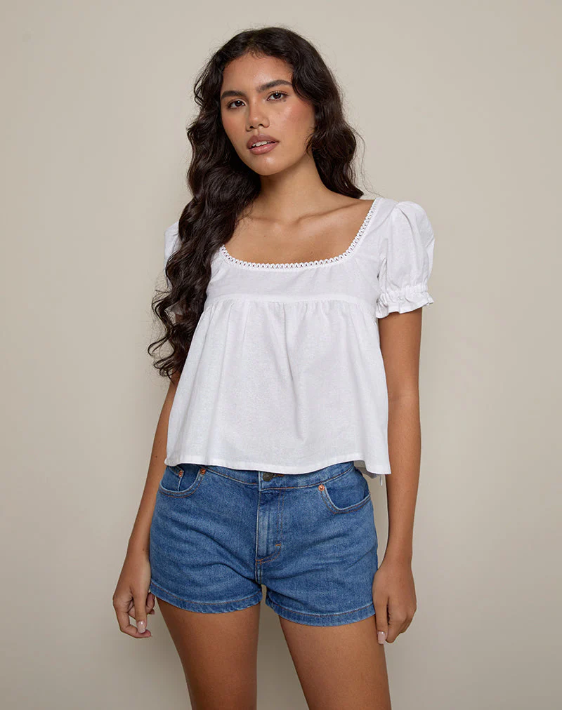 Axoni Bluse mit quadratischem Ausschnitt aus Leinen Weiß - Image 5
