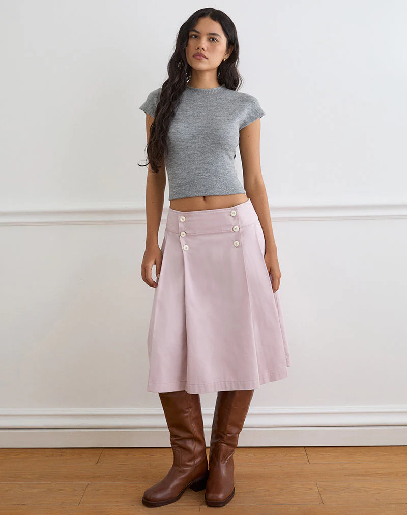 Babete Pleat Midi Skirt in Cotton Twill Soft Pink