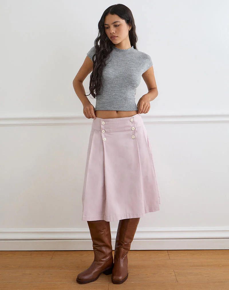 Babete Pleat Midi Skirt in Cotton Twill Soft Pink - Image 4