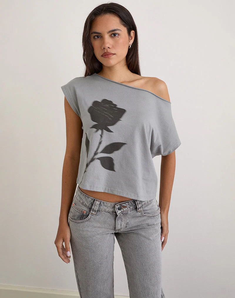 Balia Asymmetrisches Kurzarm-Basic-Top in Grau mit verschwommenem Rosenprint - Image 2