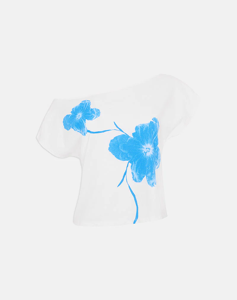 Balia Asymmetric Short Sleeve Top in Off White with Blue Flower Silhouette - Image 6