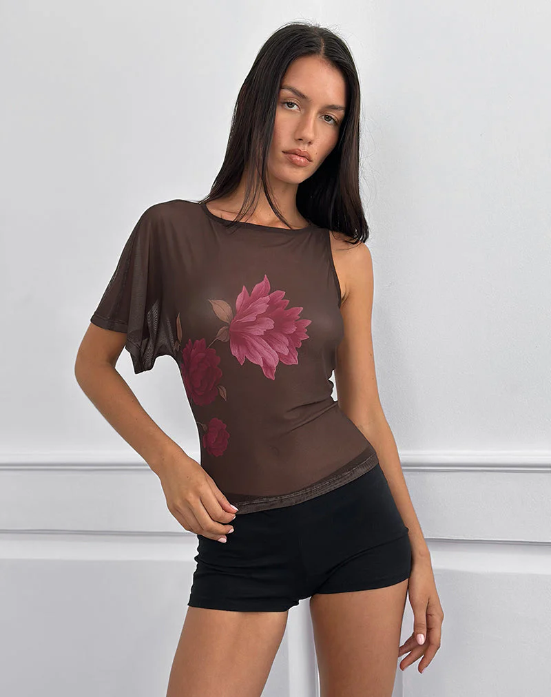 Balsa One Shoulder Top in Braun mit rosa Blumenprint - Image 2