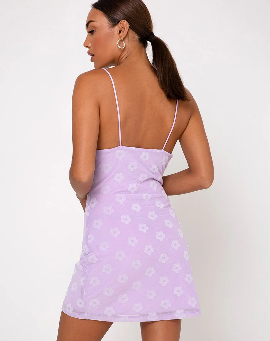 Becky Bodycon Kleid aus fliederfarbenem Mesh Daisy White Flock - Image 5