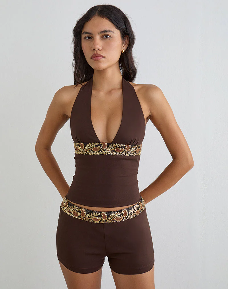 Belvani Mini Short in Brown with Embroidered Sequin Trim - Image 3