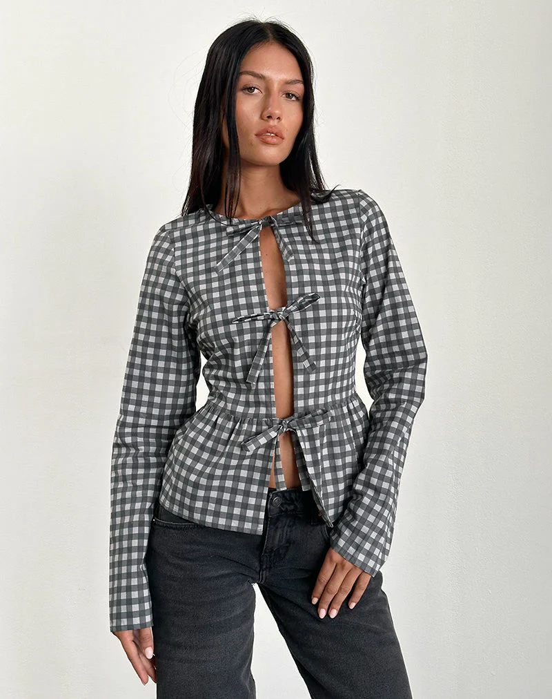 Bertaria Langarm-Top in Tonal Gingham Schwarz und Grau - Image 3