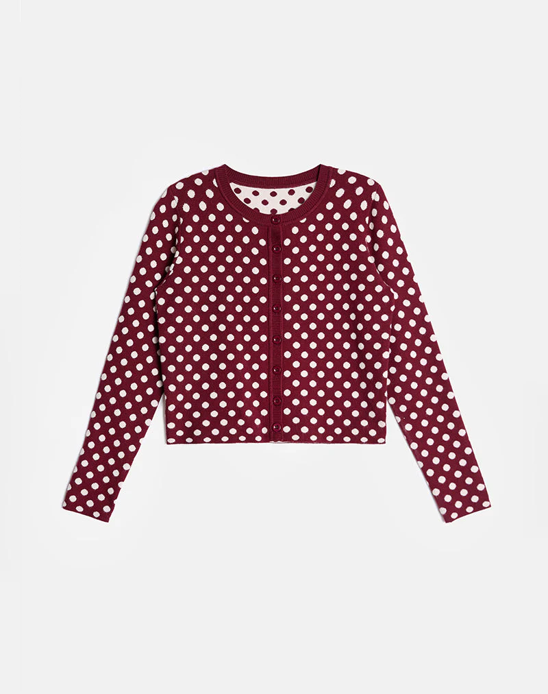 Bhavina Strickjacke in Burgunderrot mit cremefarbenem Polka-Print - Image 5