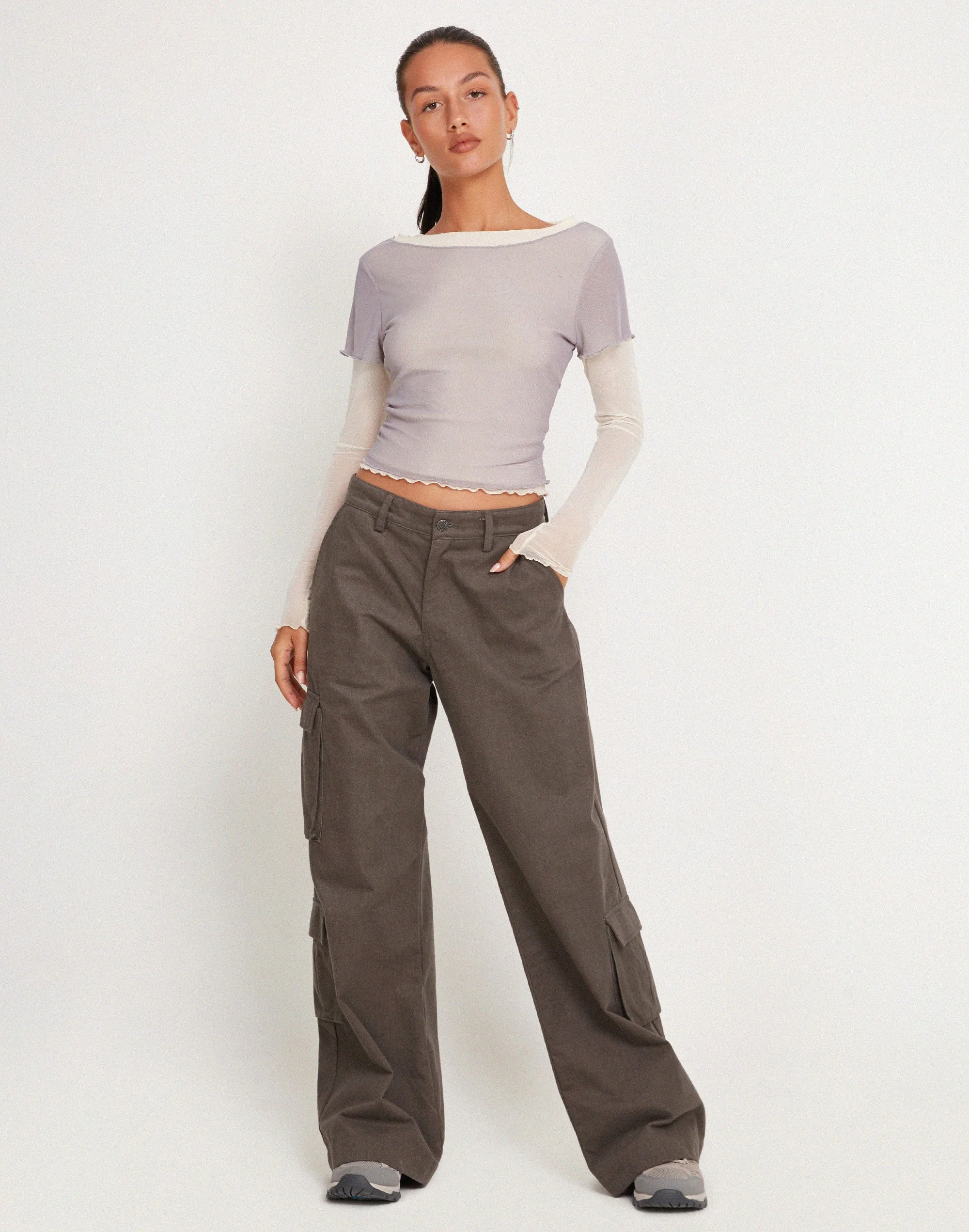 Bidara Mesh Langarm-Layered Top in Hellgrau und Elfenbein - Image 6