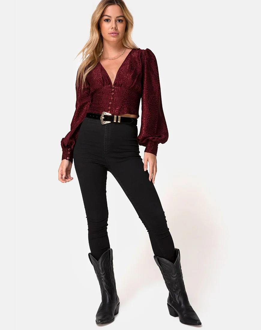 Bina Crop Top aus Satin Cheetah Burgundy - Image 3