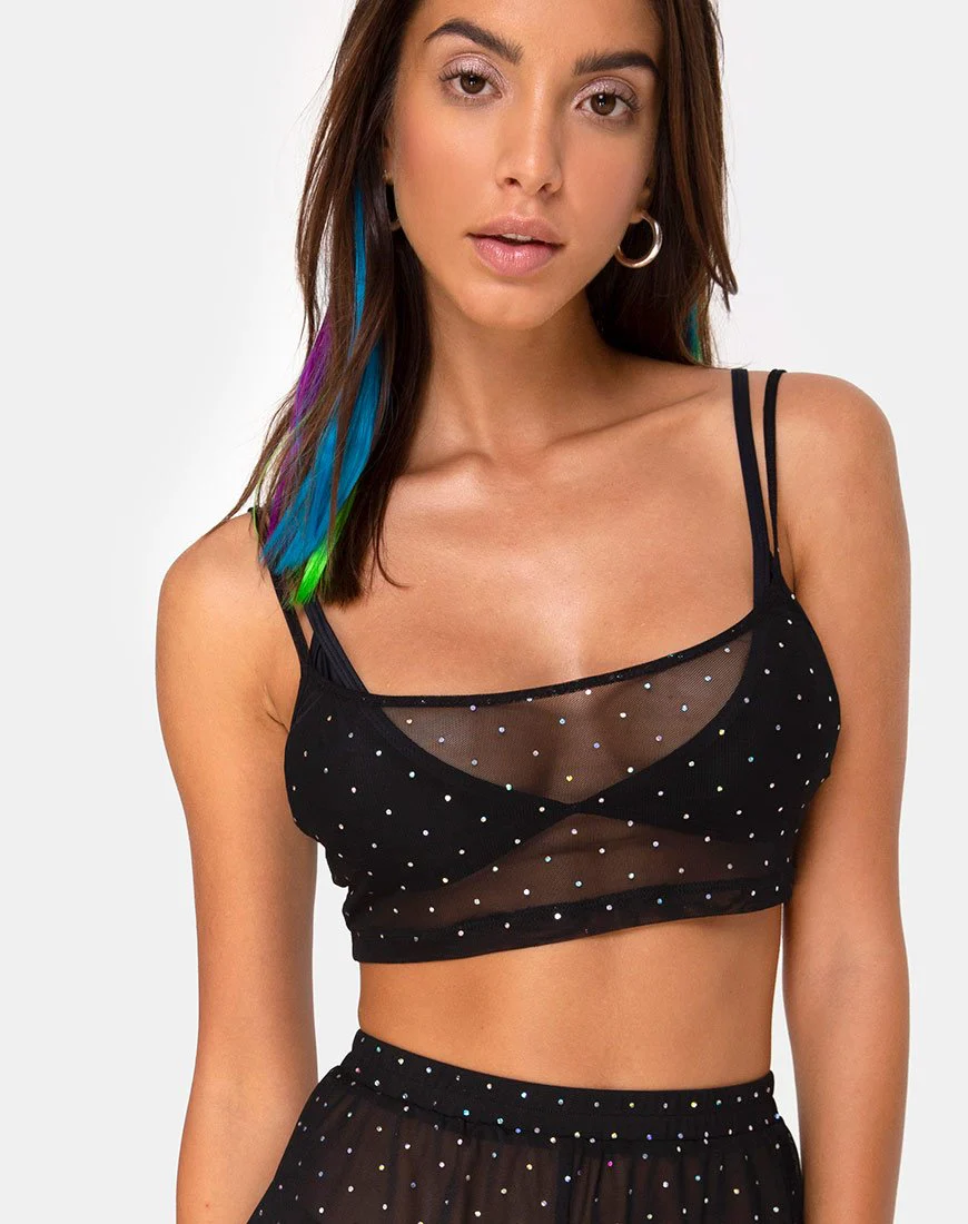 Blink Crop Top aus Kristallnetz Schwarz