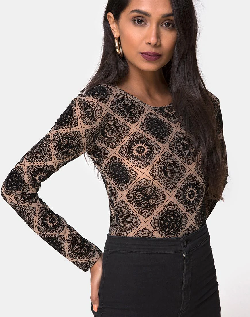 Bonella Mieder Taupe Netz mit schwarzem Zeichen Flock