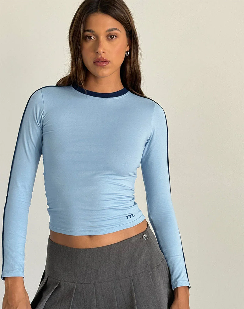 Bonija Langarm-Top in Nantucketblau mit marineblauen Paspeln und M-Stickerei - Image 4