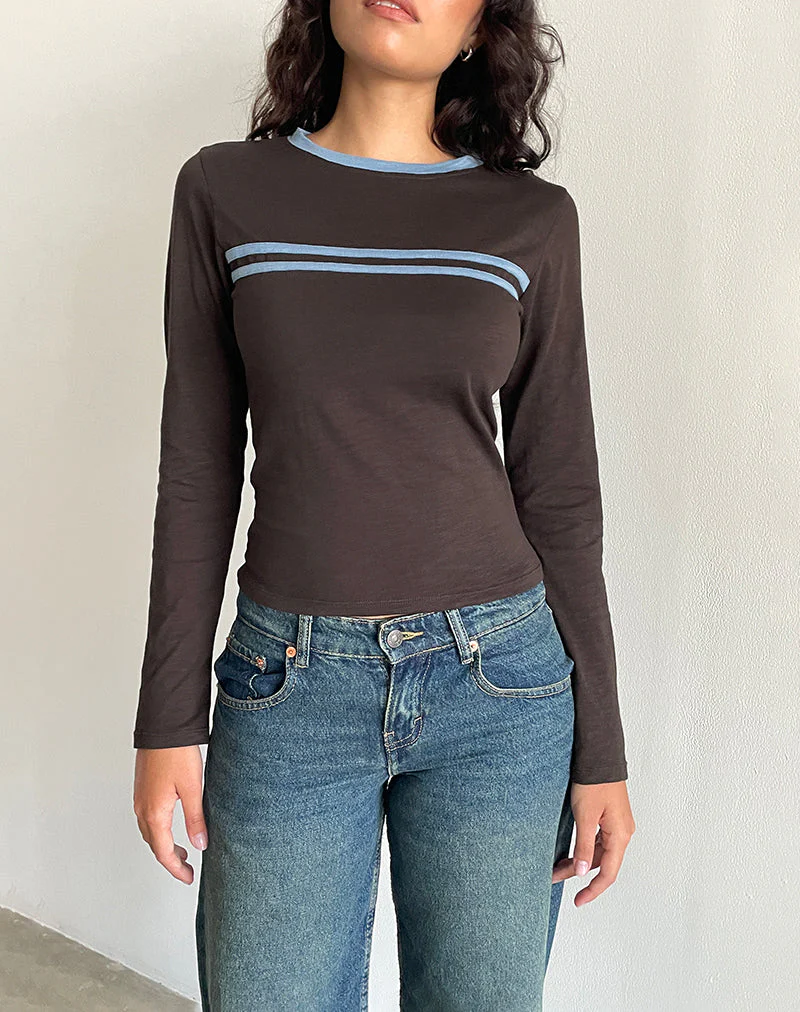 Bonjita Langarm-Top in Schokoladenbraun mit aschblauem Zwei-Streifen-Band - Image 3