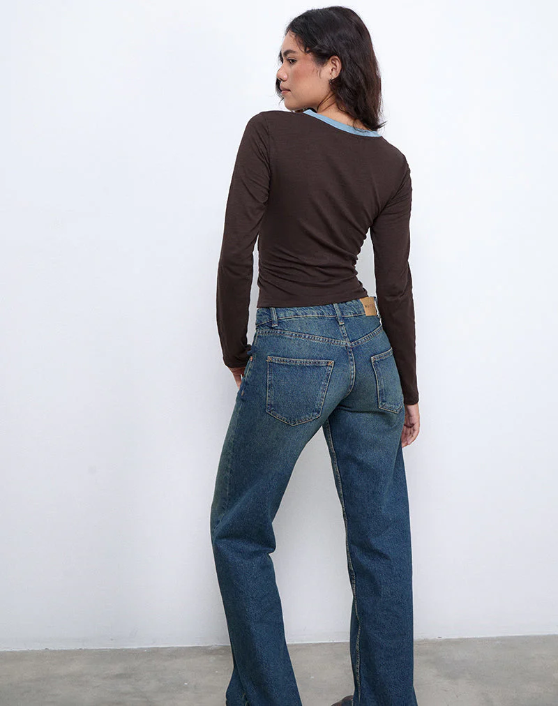 Bonjita Langarm-Top in Schokoladenbraun mit aschblauem Zwei-Streifen-Band - Image 4