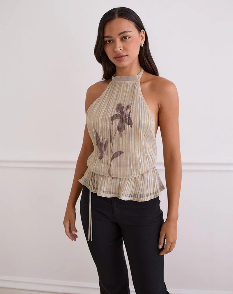 Brienne Top in Hellgold schimmernd mit schmalem Blumendruck - Image 2
