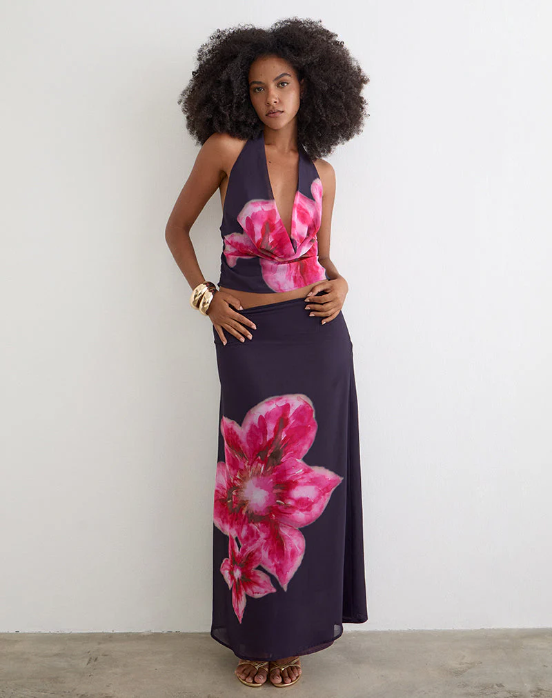 Bujau Plunge Cowl Neck Top in Purple Chiffon with Desert Flower - Image 5