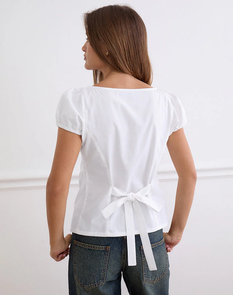 Caixia V Neck Blouse in Poplin White - Image 3