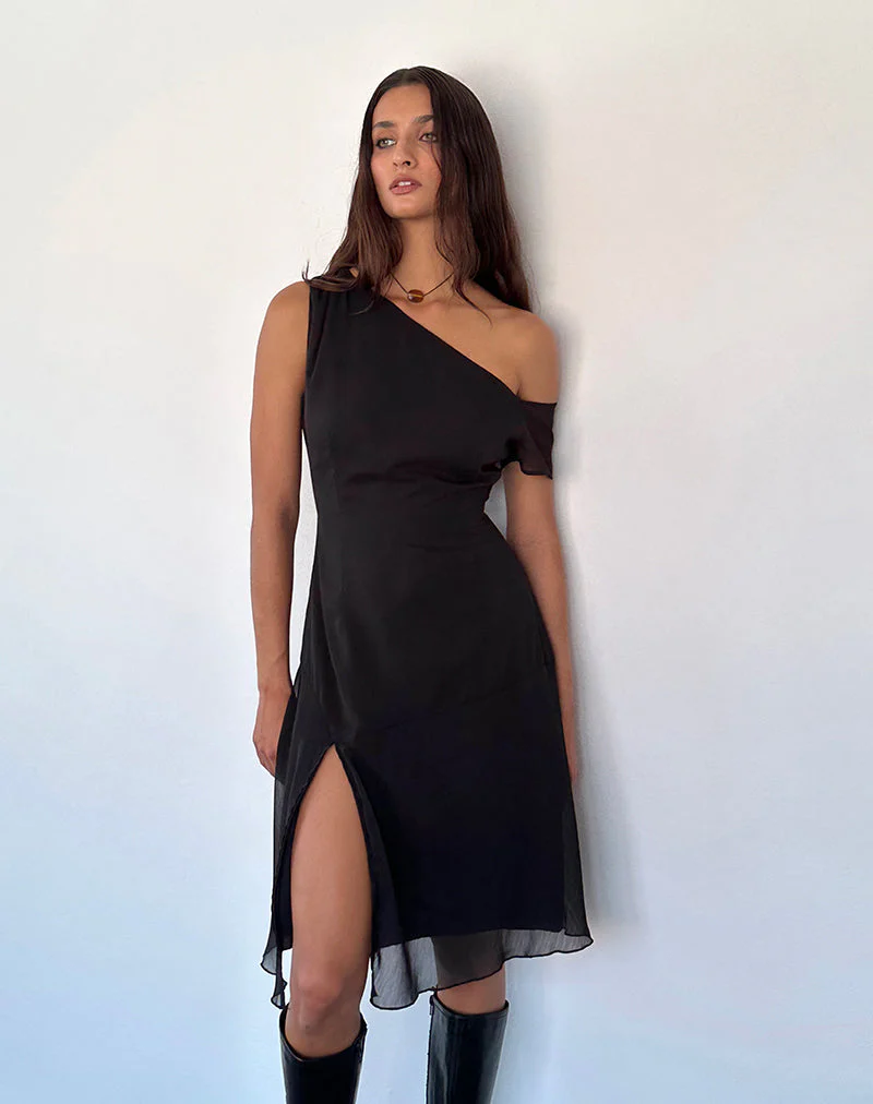 Carissa Ein-Schulter-Chiffon-Midikleid in Schwarz - Image 4