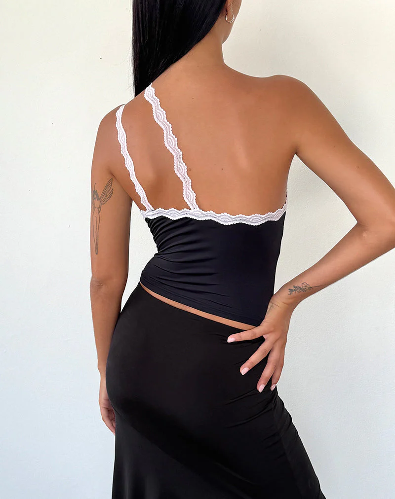 Carolina One Shoulder Top in Schwarz mit rosa Spitze - Image 3
